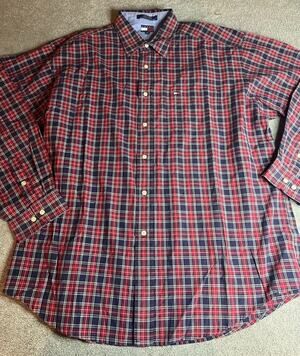 VTG Tommy Hilfiger Plaid Red Button Down Shirt Men’s XL 100% Cotton B246